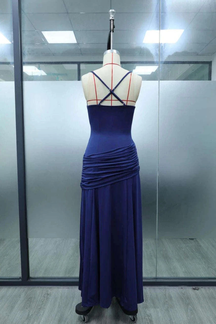 Women’s Elegant Ruched Backless Maxi Dress with Square Neck-Navy Blue / XXL