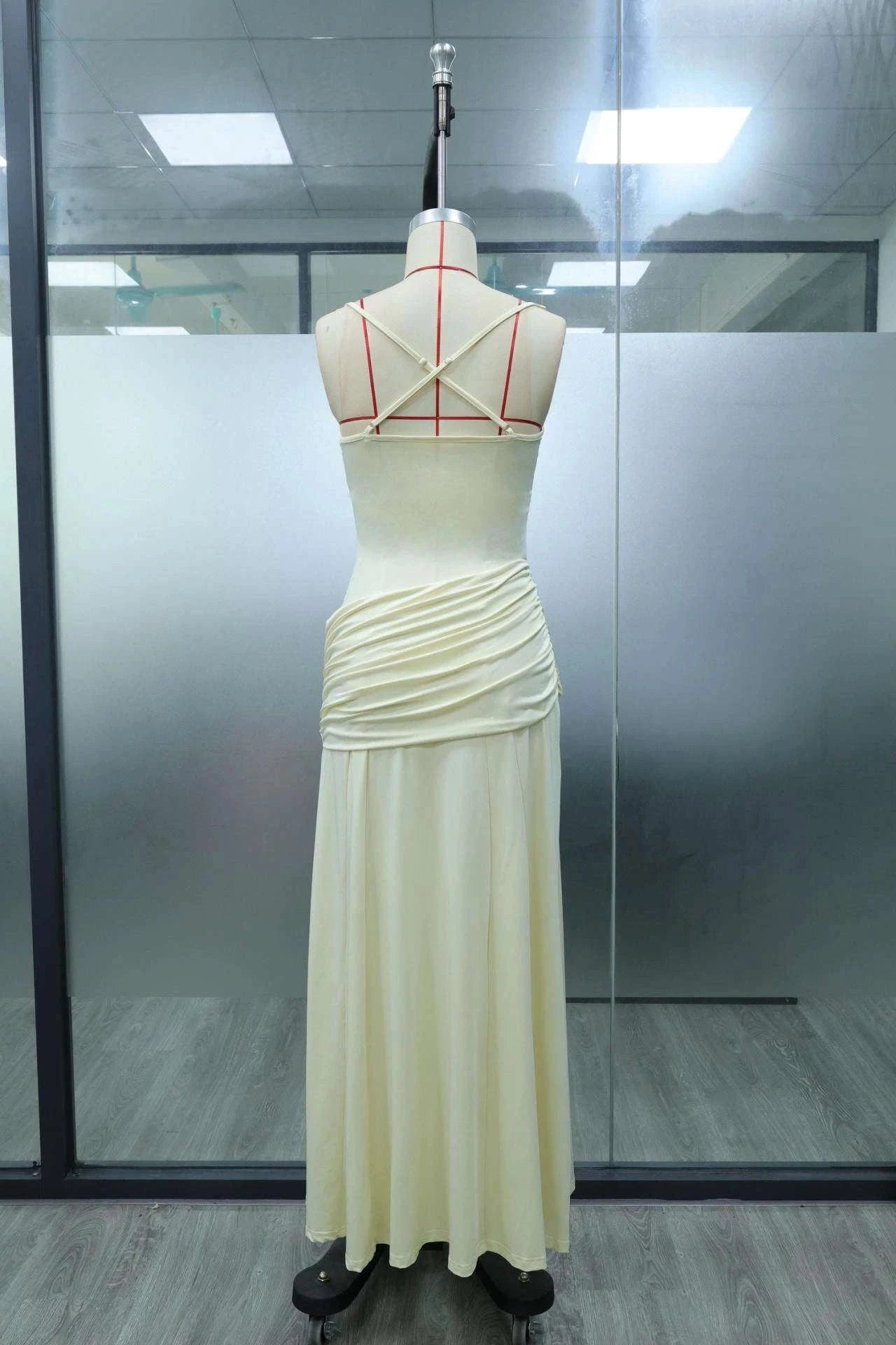 Women’s Elegant Ruched Backless Maxi Dress with Square Neck-Navy Blue / XXL