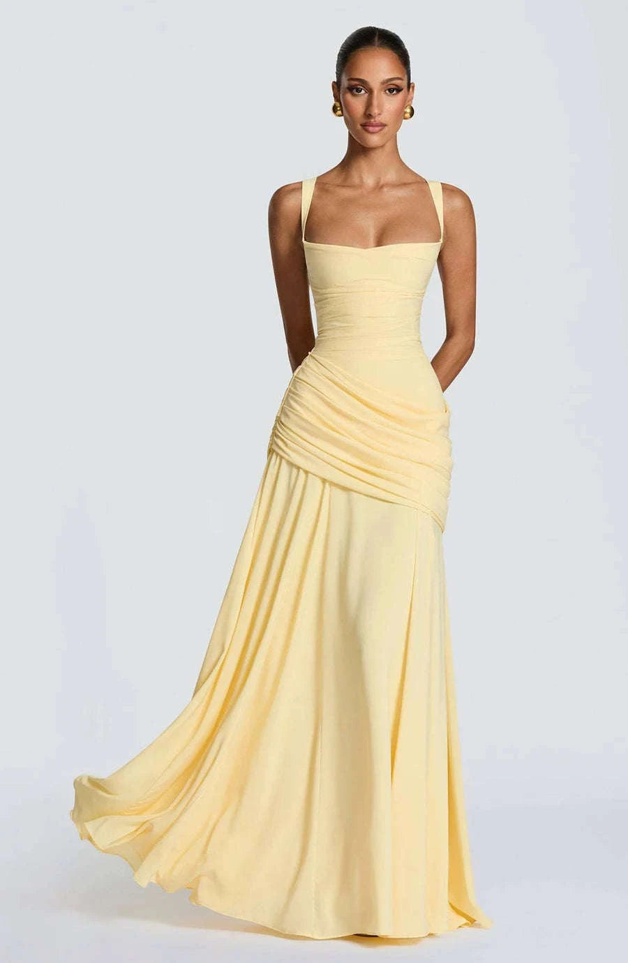 Women’s Elegant Ruched Backless Maxi Dress with Square Neck-Navy Blue / XXL