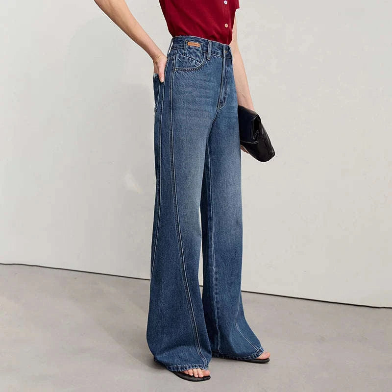 Women's Flared Jeans High-Waist Cotton Denim Retro Wide Leg Pants-Deep denim blue / S