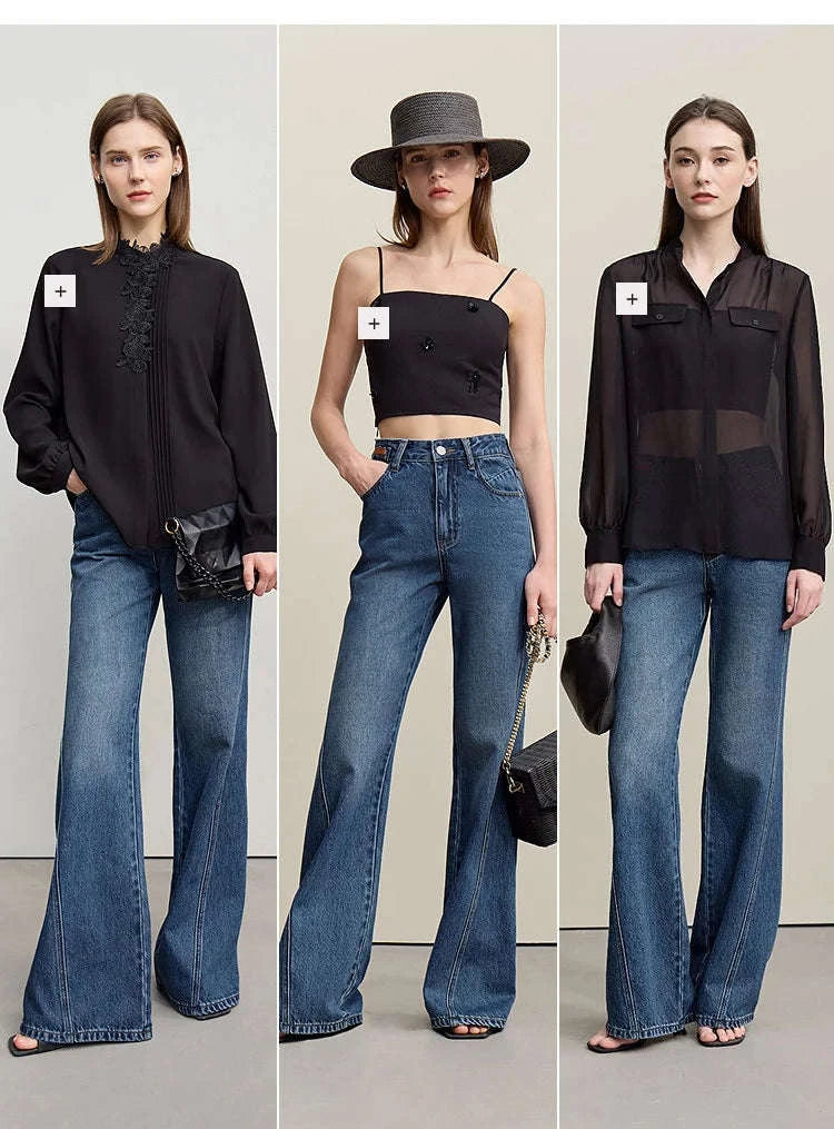 Women's Flared Jeans High-Waist Cotton Denim Retro Wide Leg Pants-Deep denim blue / S