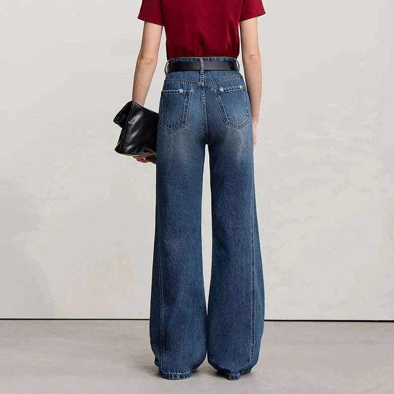 Women's Flared Jeans High-Waist Cotton Denim Retro Wide Leg Pants-Deep denim blue / S
