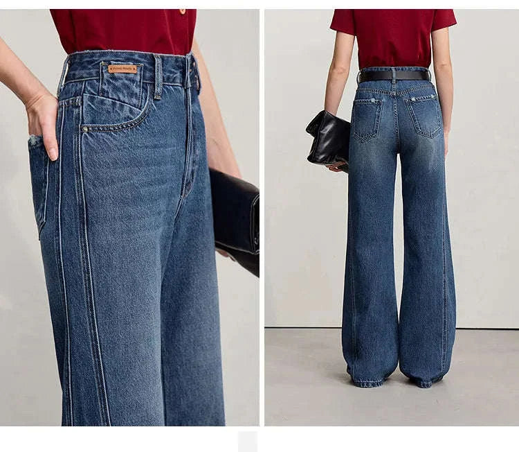 Women's Flared Jeans High-Waist Cotton Denim Retro Wide Leg Pants-Deep denim blue / S