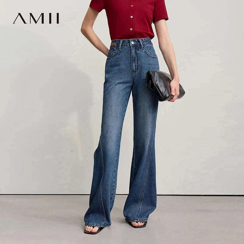 Women's Flared Jeans High-Waist Cotton Denim Retro Wide Leg Pants-Deep denim blue / S