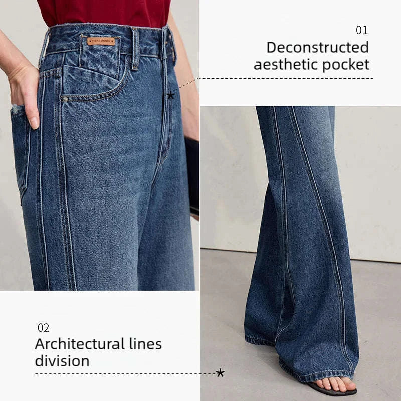 Women's Flared Jeans High-Waist Cotton Denim Retro Wide Leg Pants-Deep denim blue / S