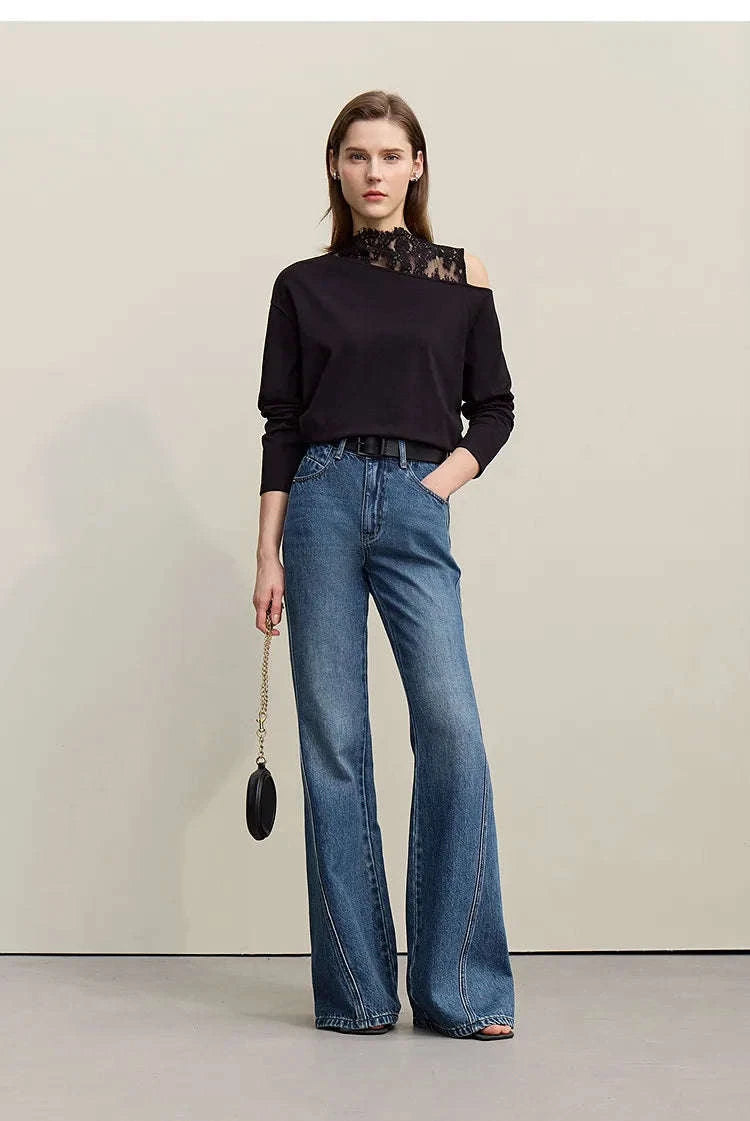 Women's Flared Jeans High-Waist Cotton Denim Retro Wide Leg Pants-Deep denim blue / S
