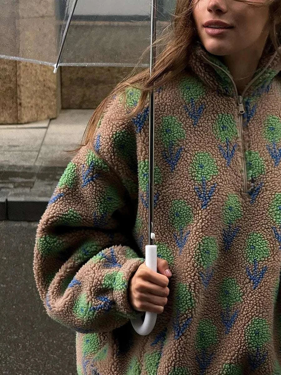 Women’s Fleece Half-Zip Sweatshirt Loose Fit Jacquard Pullover-Green / S
