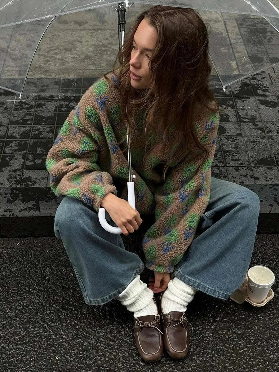 Women’s Fleece Half-Zip Sweatshirt Loose Fit Jacquard Pullover-Green / S