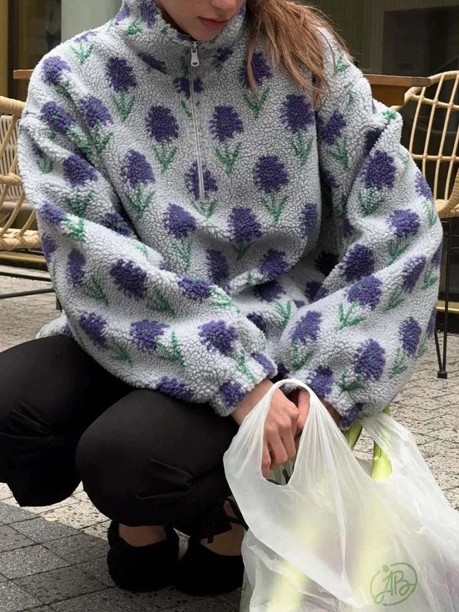 Women’s Fleece Half-Zip Sweatshirt Loose Fit Jacquard Pullover-Green / S