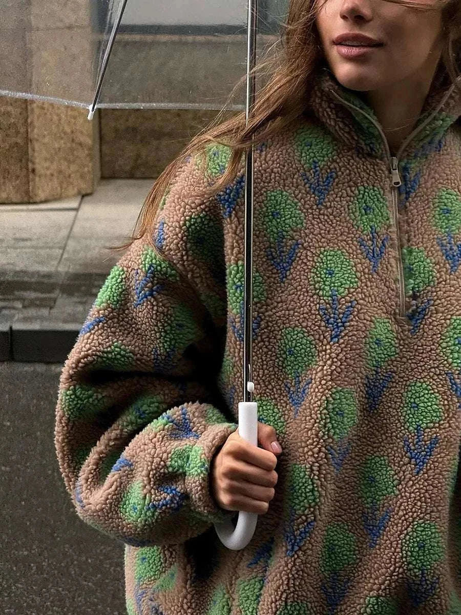 Women’s Fleece Half-Zip Sweatshirt Loose Fit Jacquard Pullover-Green / S