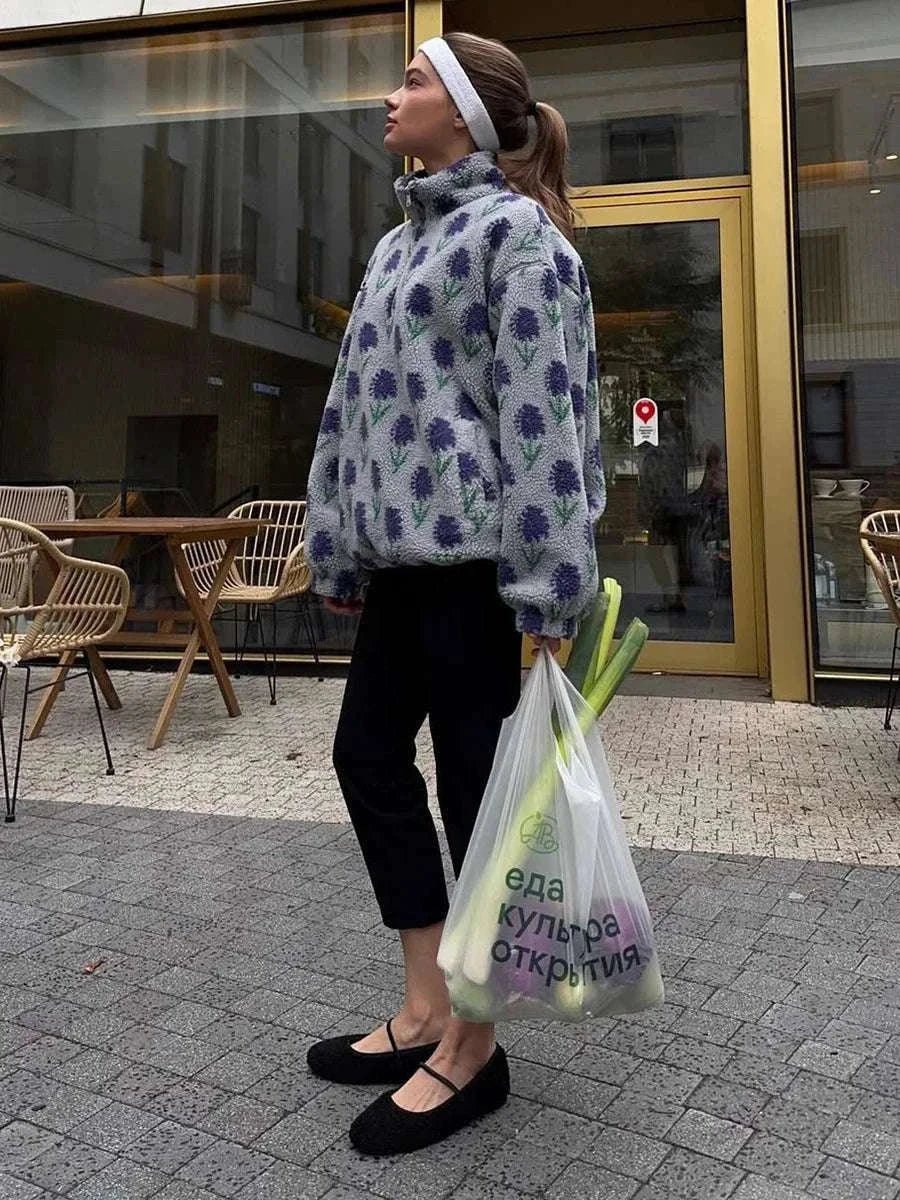 Women’s Fleece Half-Zip Sweatshirt Loose Fit Jacquard Pullover-Green / S
