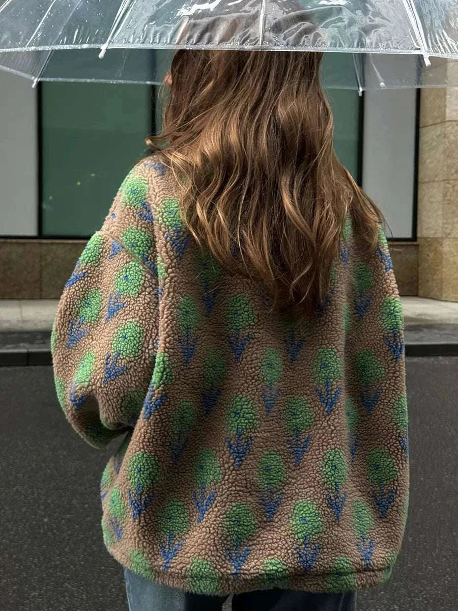 Women’s Fleece Half-Zip Sweatshirt Loose Fit Jacquard Pullover-Green / S