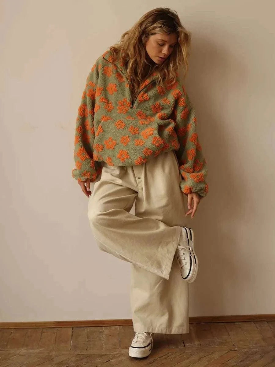 Women's Floral Sherpa Half Zip Pullover – Cozy Loose Fit Sweatshirt-Coffee / XL