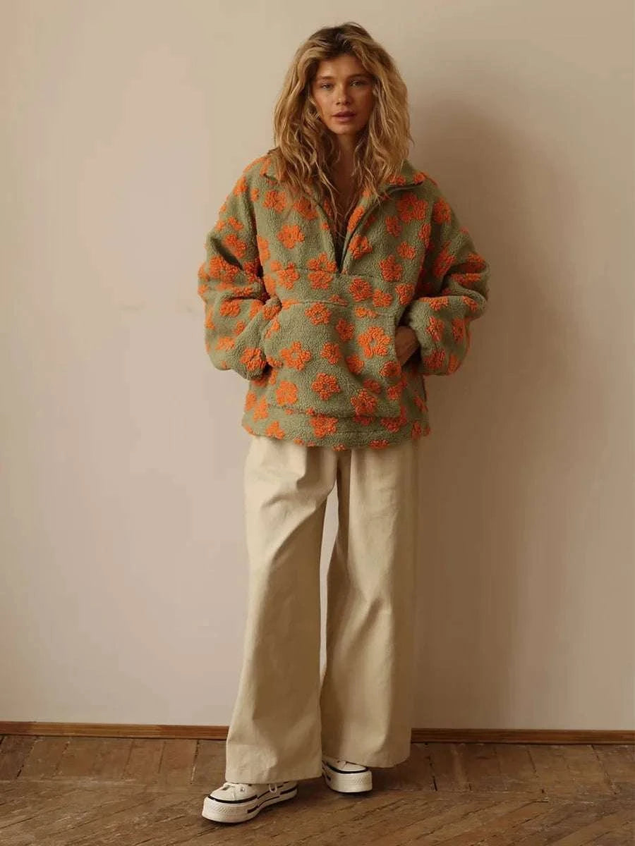 Women's Floral Sherpa Half Zip Pullover – Cozy Loose Fit Sweatshirt-Coffee / XL