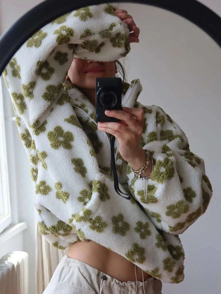 Women's Floral Sherpa Half Zip Pullover – Cozy Loose Fit Sweatshirt-Coffee / XL