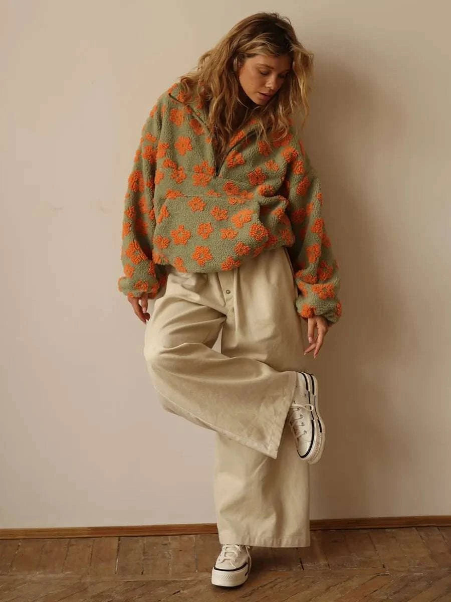 Women's Floral Sherpa Half Zip Pullover – Cozy Loose Fit Sweatshirt-Coffee / XL
