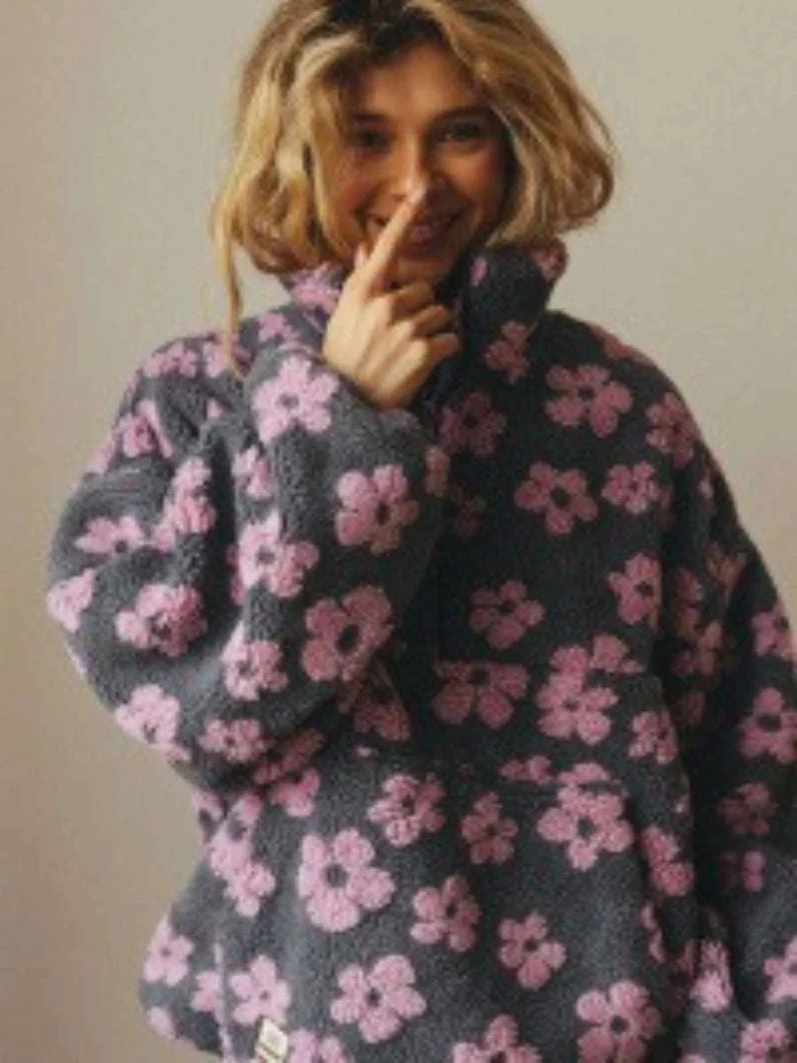 Women's Floral Sherpa Half Zip Pullover – Cozy Loose Fit Sweatshirt-Coffee / XL