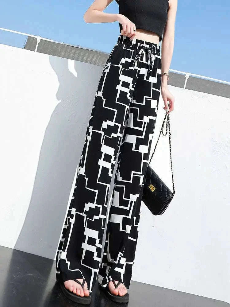 Women’s Floral Wide Leg Drawstring Pants with High Waist-aixinyinhua / L(42.5-55)KG