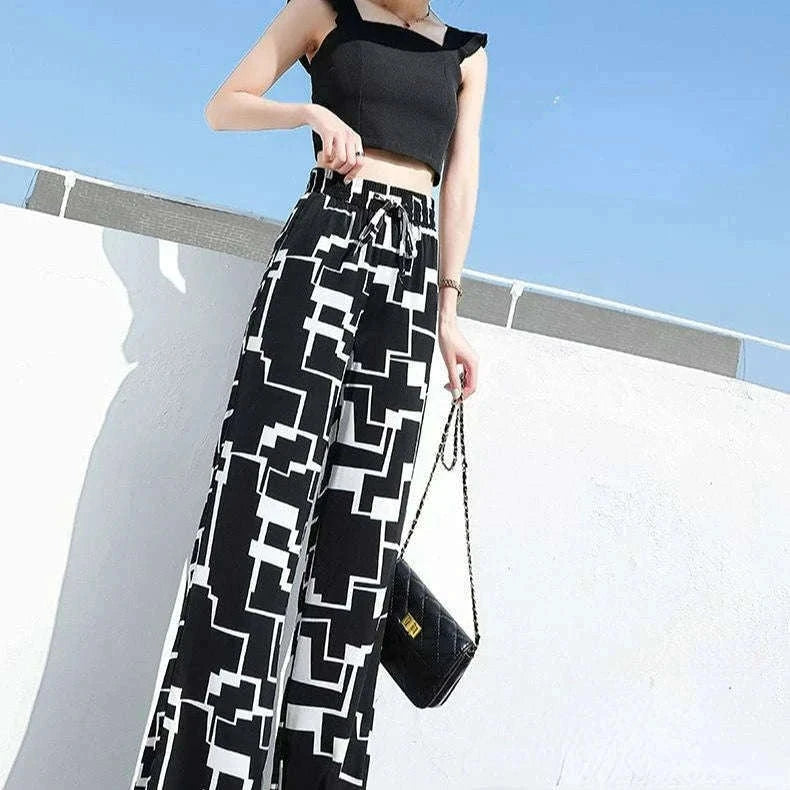 Women’s Floral Wide Leg Drawstring Pants with High Waist-aixinyinhua / L(42.5-55)KG