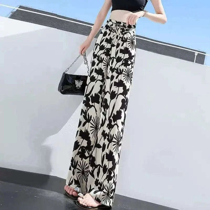 Women’s Floral Wide Leg Drawstring Pants with High Waist-aixinyinhua / L(42.5-55)KG