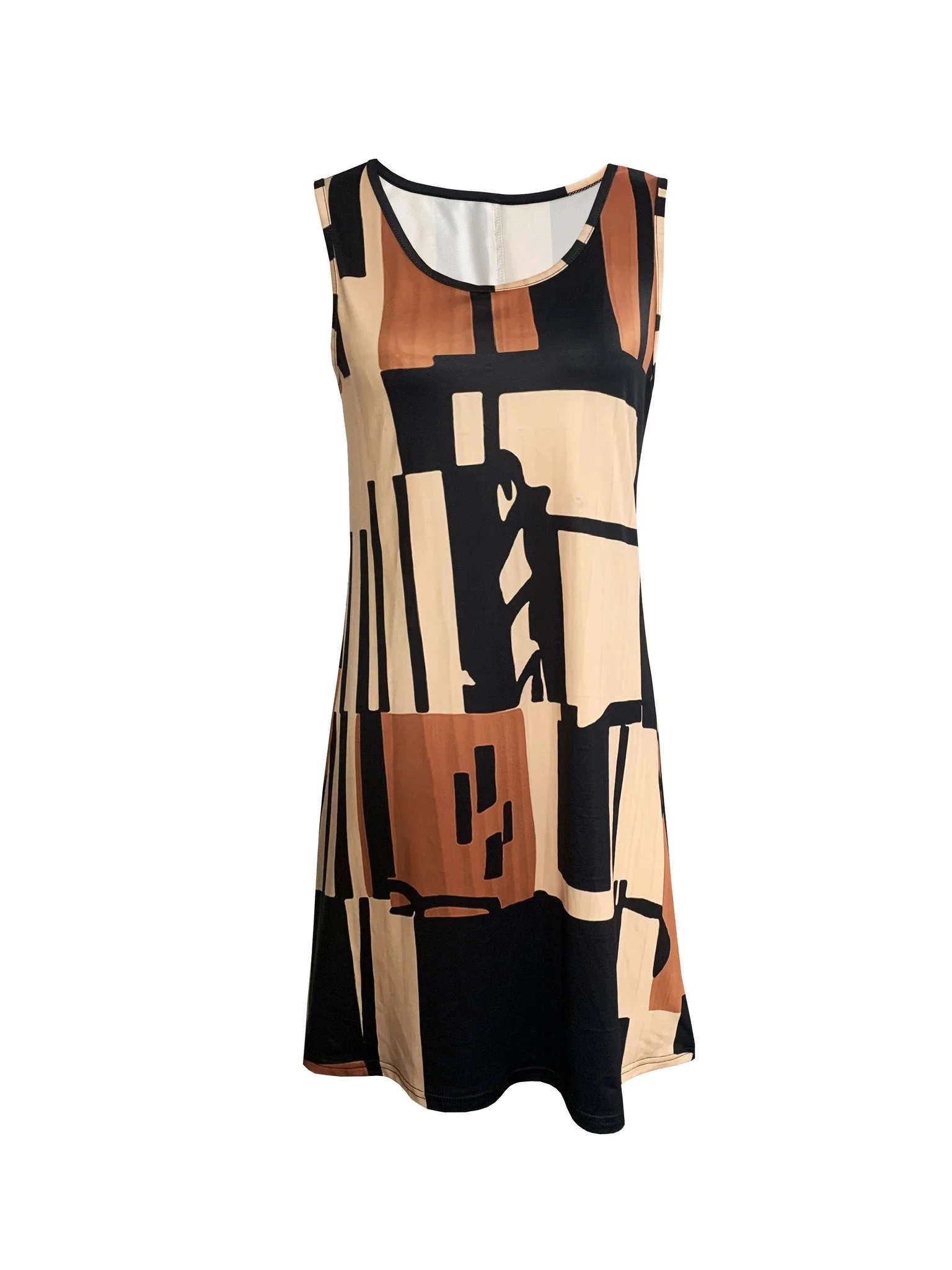Women’s Geometric Pattern Sleeveless Dress – Bohemian Midi-Chocolate / XL / CHINA