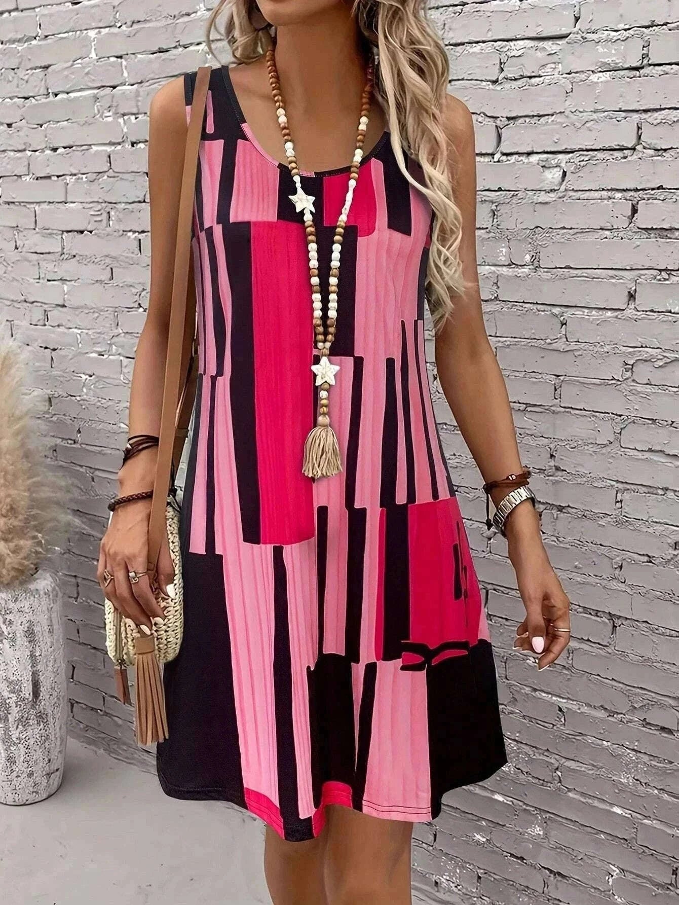 Women’s Geometric Pattern Sleeveless Summer Dress-FM 6162 / S