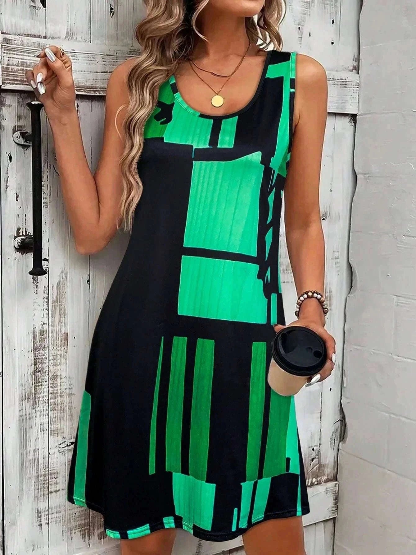 Women’s Geometric Pattern Sleeveless Summer Dress-FM 6162 / S