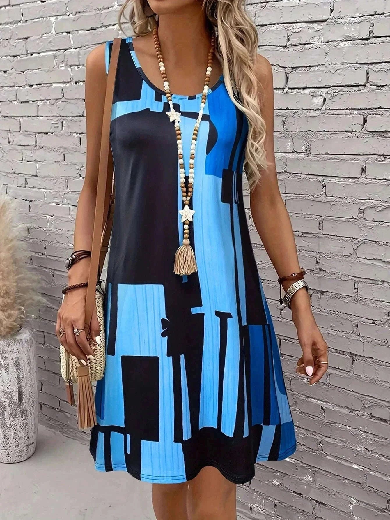 Women’s Geometric Pattern Sleeveless Summer Dress-FM 6162 / S