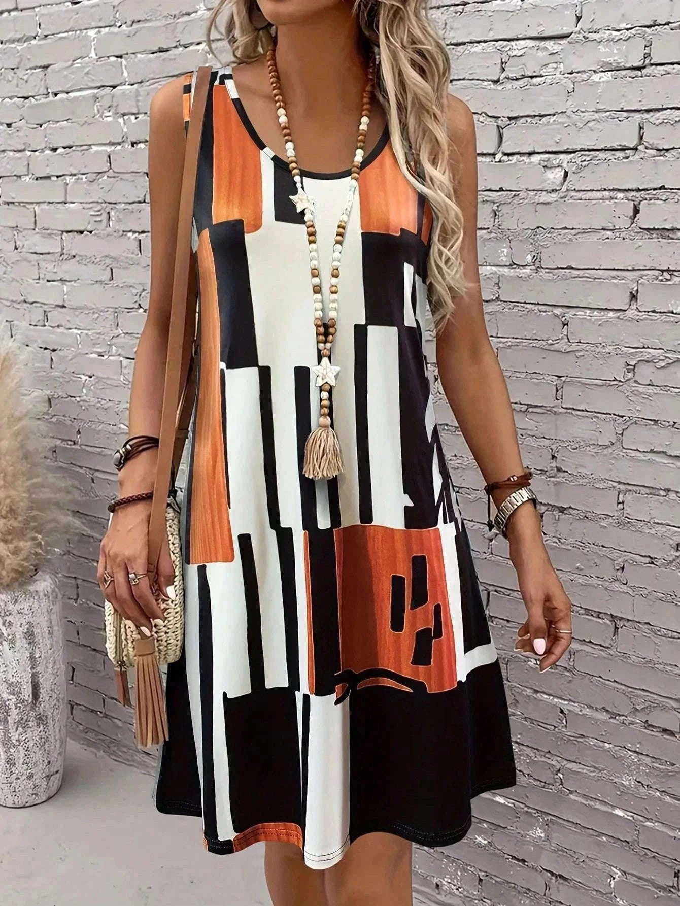 Women’s Geometric Pattern Sleeveless Summer Dress-FM 6162 / S