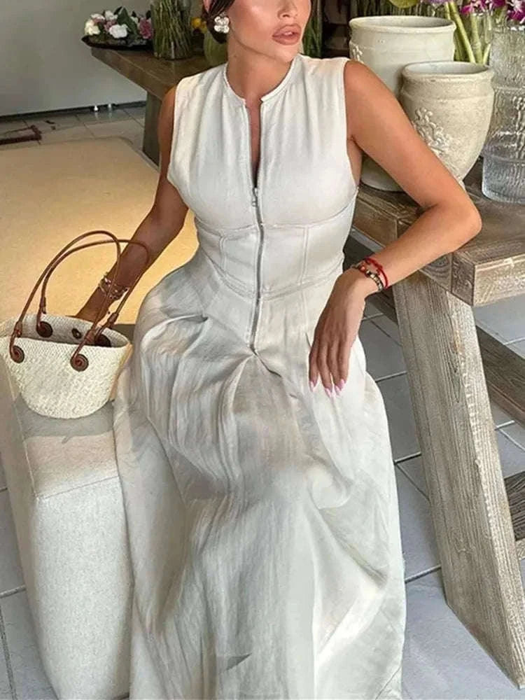 Women’s Geometric Sleeveless Midi Dress with Pleated Skirt-Beige / S