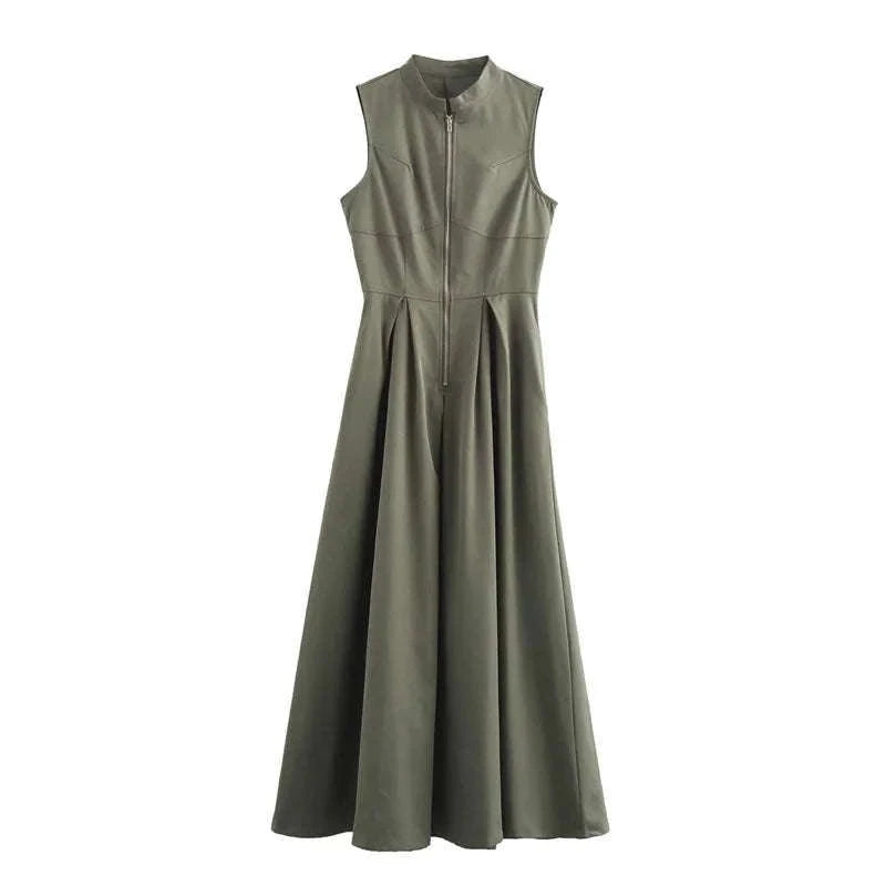 Women’s Geometric Sleeveless Midi Dress with Pleated Skirt-Beige / S