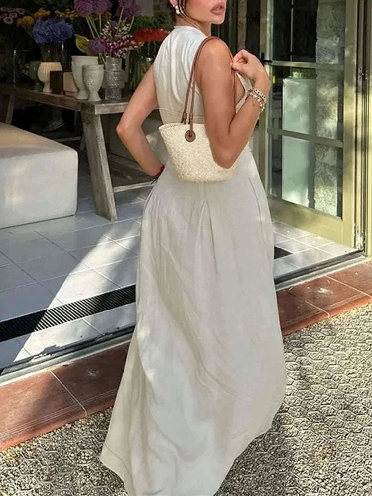 Women’s Geometric Sleeveless Midi Dress with Pleated Skirt-Beige / S