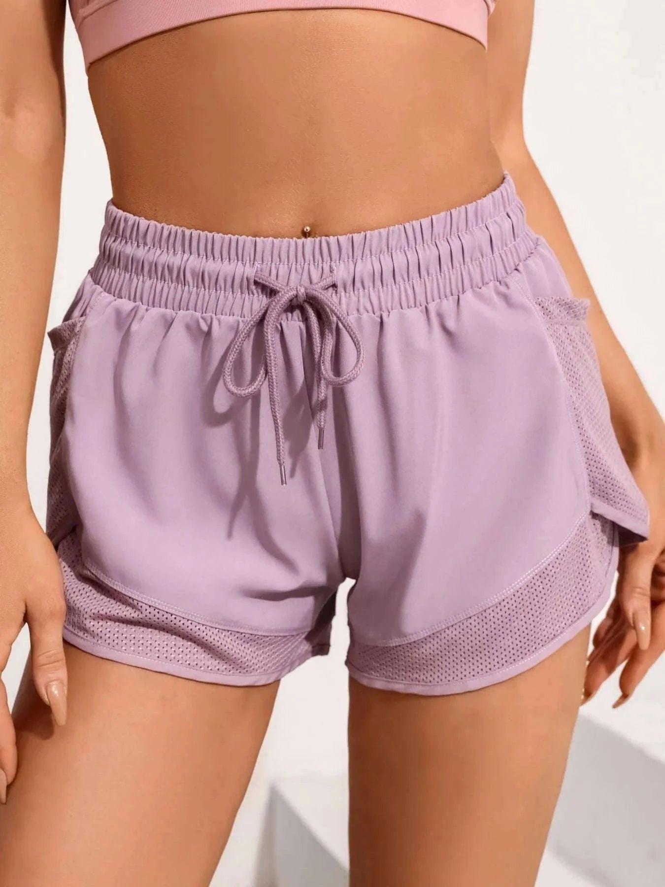 Women’s High-Waist Yoga Shorts with Mesh and Side Pocket-rose red / L