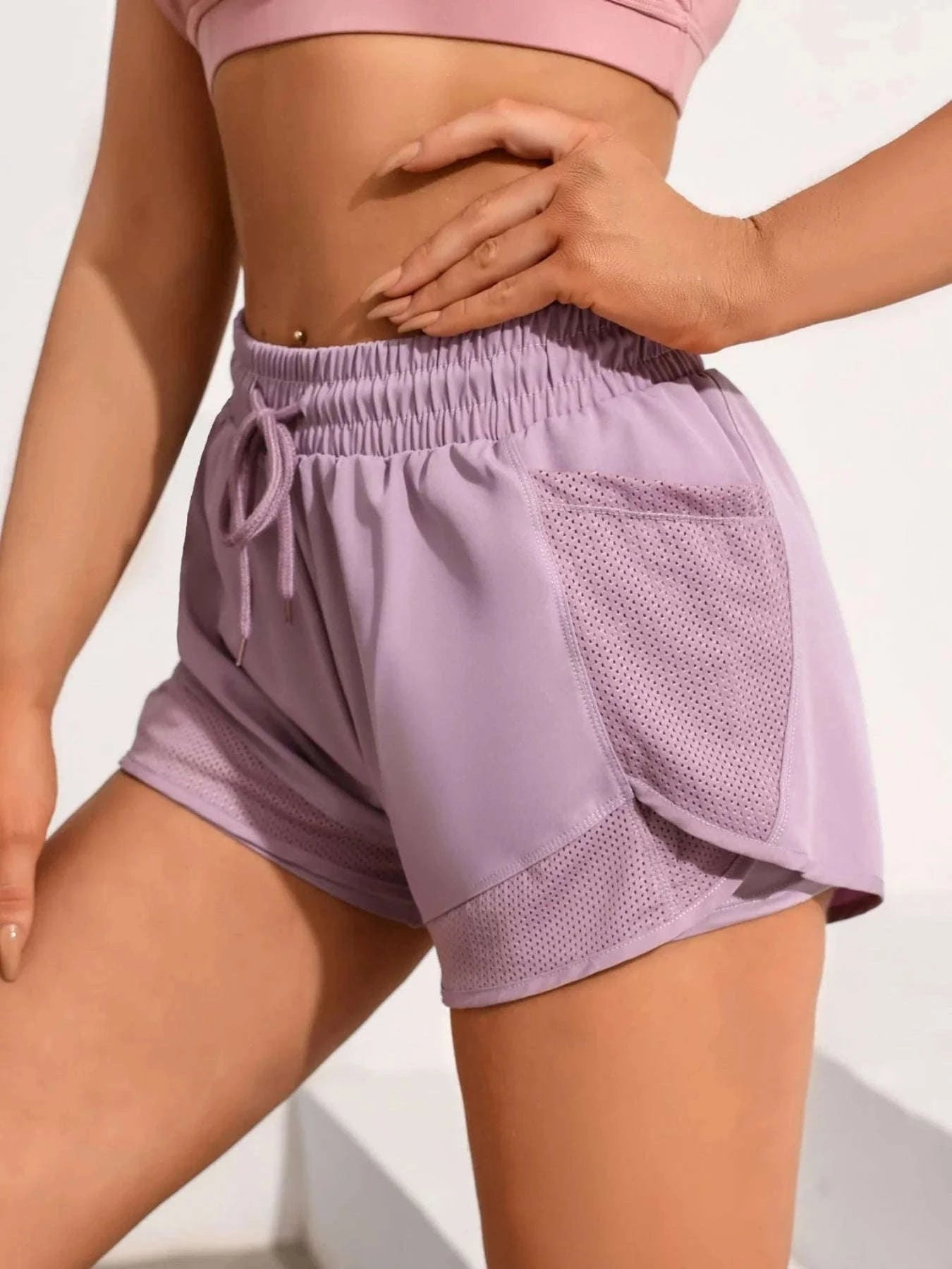 Women’s High-Waist Yoga Shorts with Mesh and Side Pocket-rose red / L