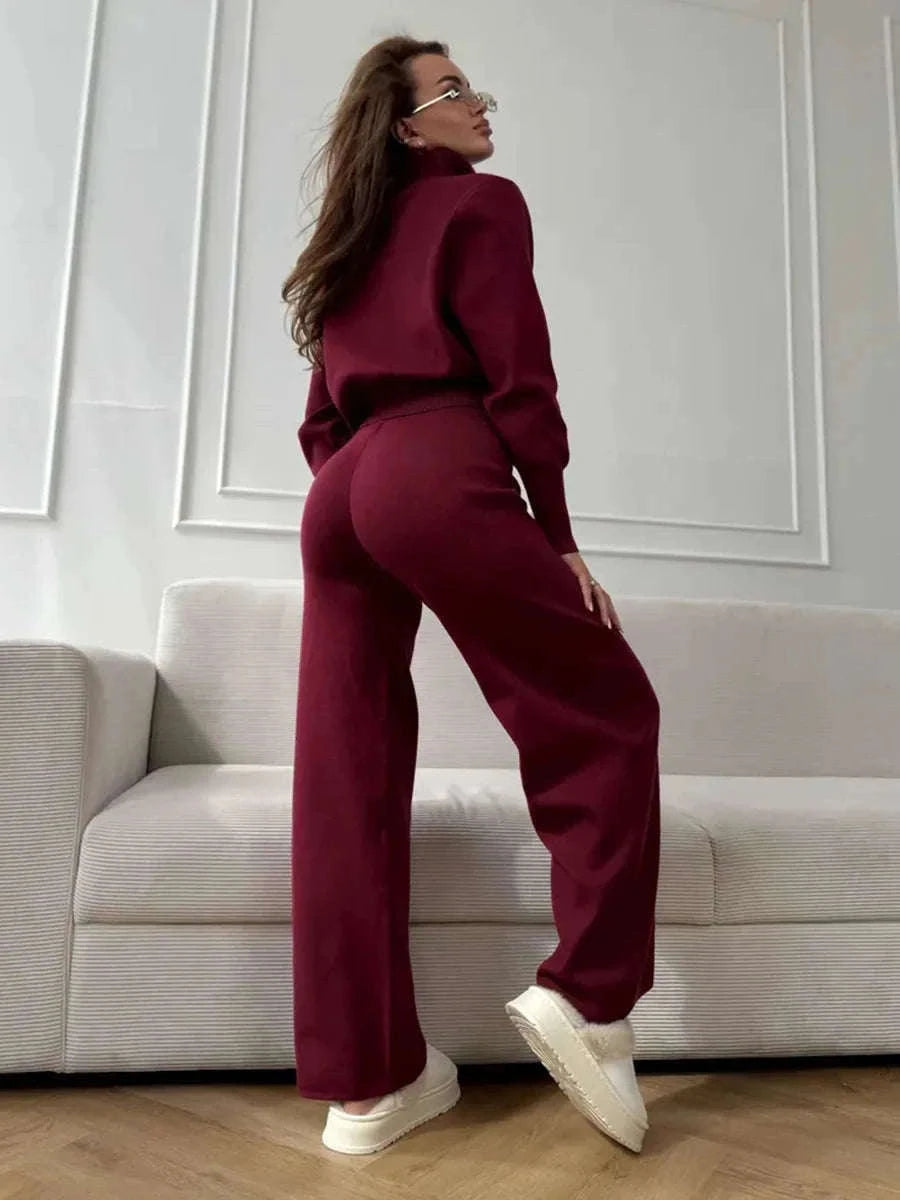 Women’s Knit Zip-Up Cardigan and Wide Leg Pants Lounge Set-Burgundy / L