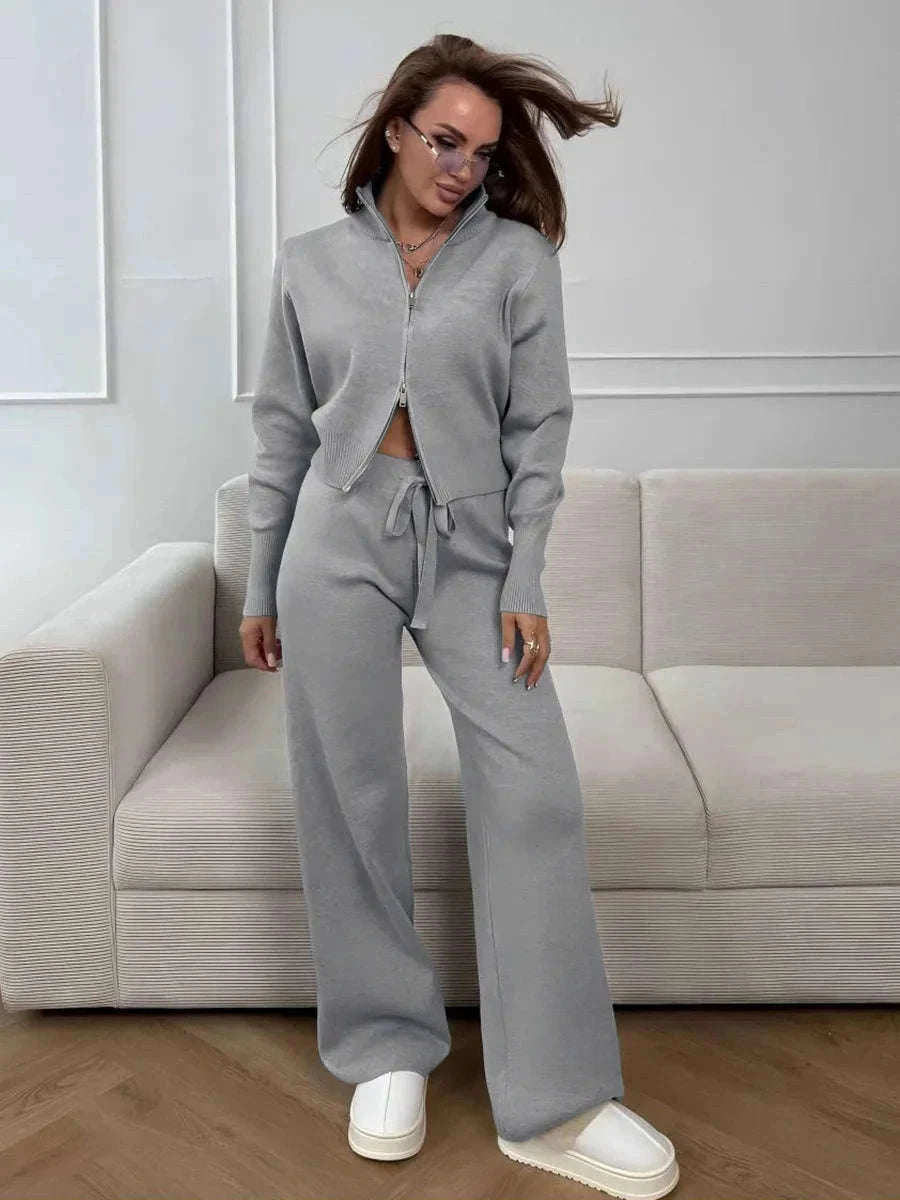 Women’s Knit Zip-Up Cardigan and Wide Leg Pants Lounge Set-Burgundy / L