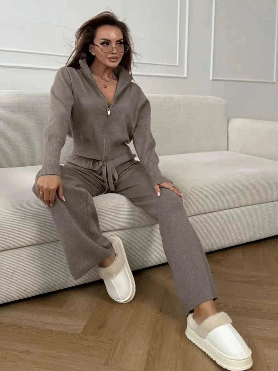 Women’s Knit Zip-Up Cardigan and Wide Leg Pants Lounge Set-Burgundy / L