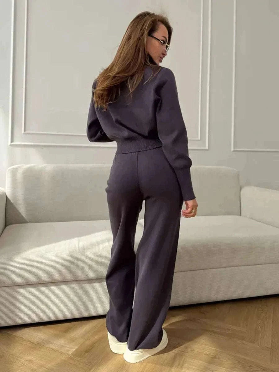 Women’s Knit Zip-Up Cardigan and Wide Leg Pants Lounge Set-Burgundy / L
