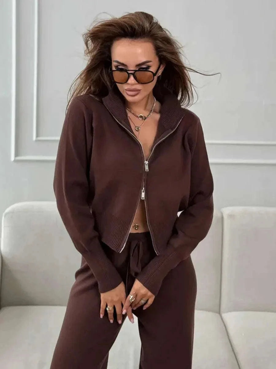 Women’s Knit Zip-Up Cardigan and Wide Leg Pants Lounge Set-Burgundy / L