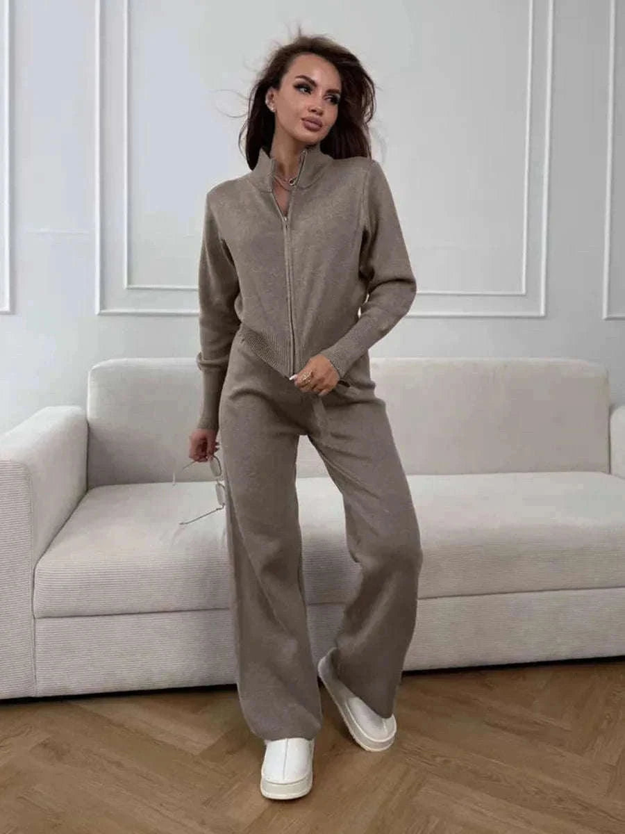 Women’s Knit Zip-Up Cardigan and Wide Leg Pants Lounge Set-Burgundy / L