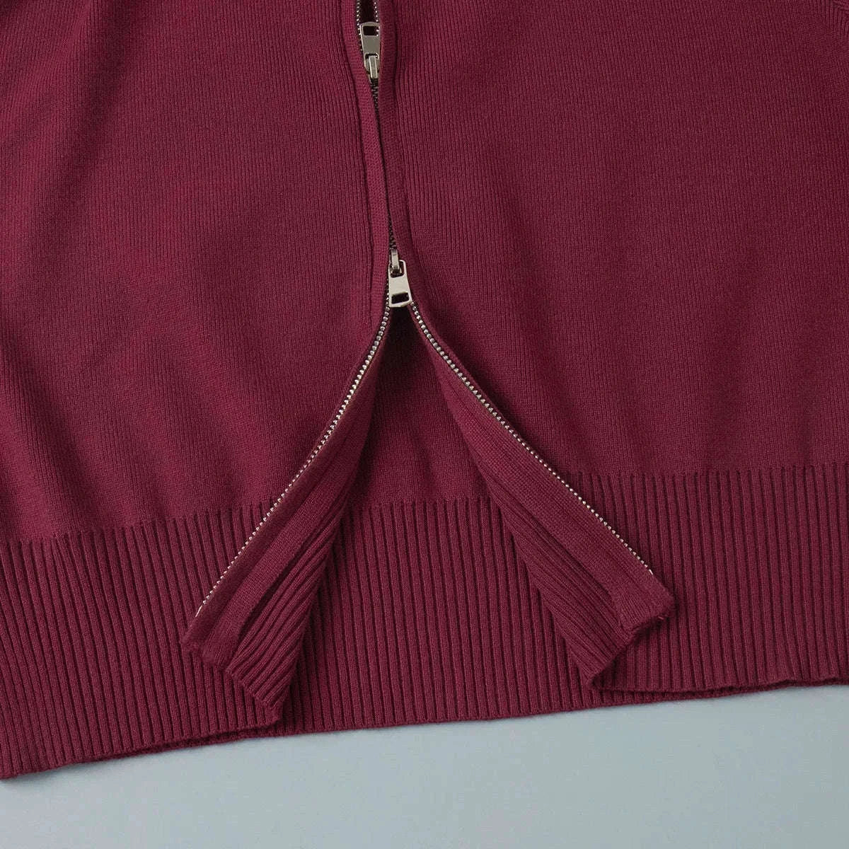 Women’s Knit Zip-Up Cardigan and Wide Leg Pants Lounge Set-Burgundy / L