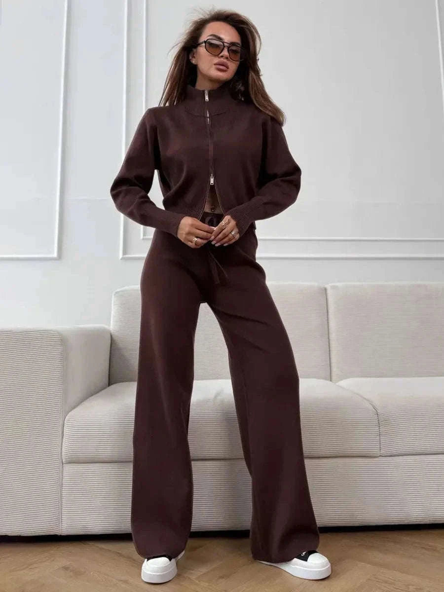 Women’s Knit Zip-Up Cardigan and Wide Leg Pants Lounge Set-Burgundy / L