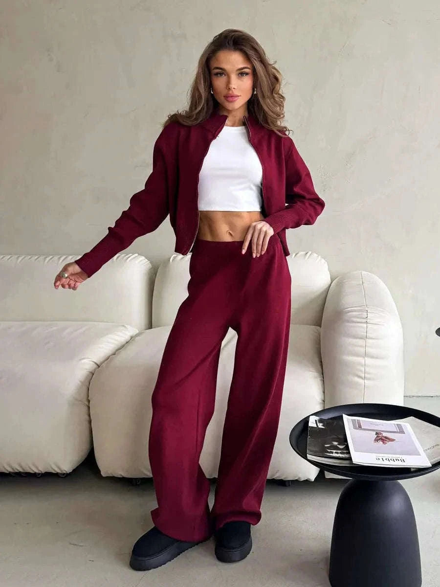 Women’s Knit Zip-Up Cardigan and Wide Leg Pants Lounge Set-Burgundy / L