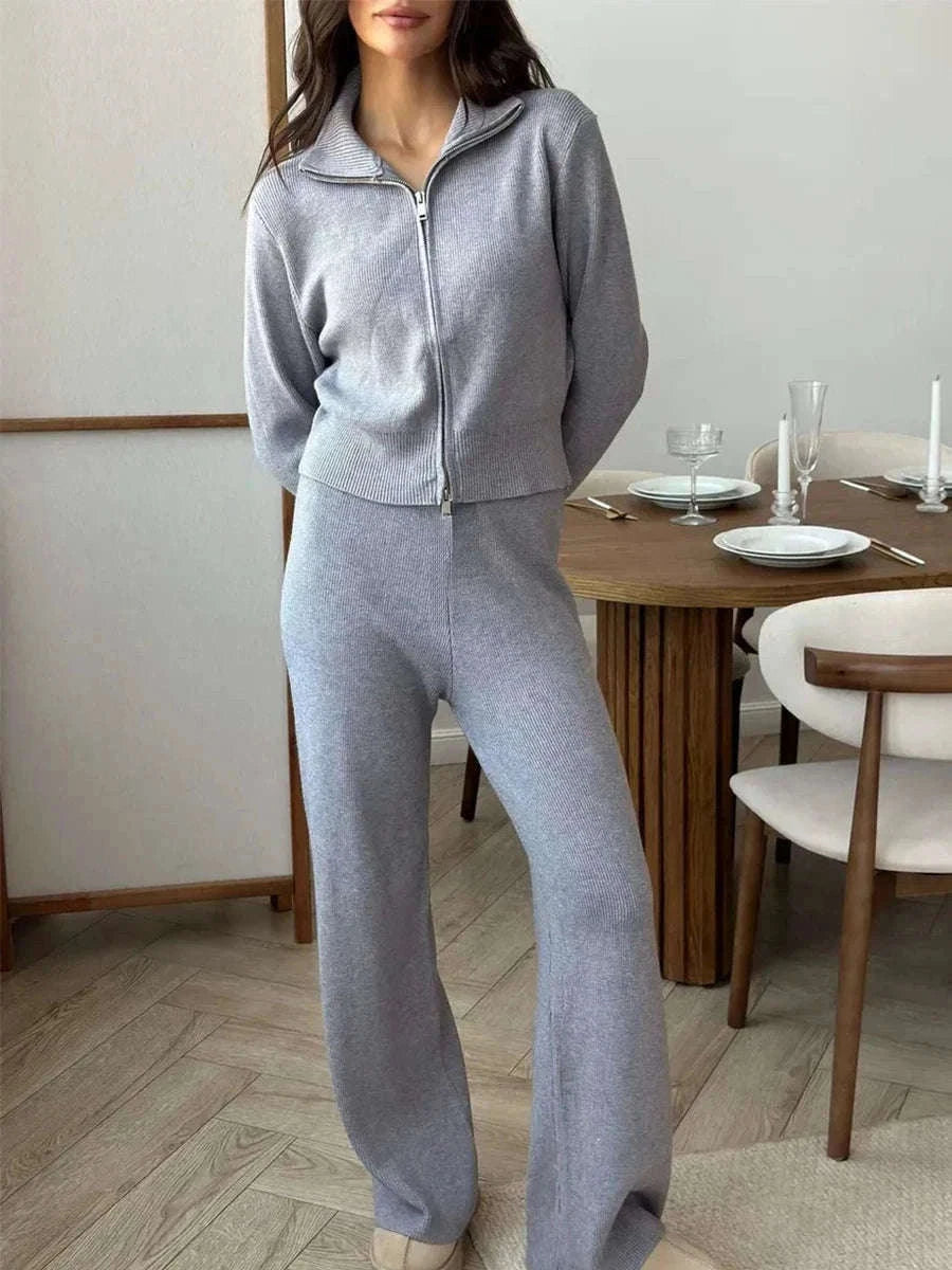 Women’s Knit Zip-Up Cardigan and Wide Leg Pants Lounge Set-Burgundy / L