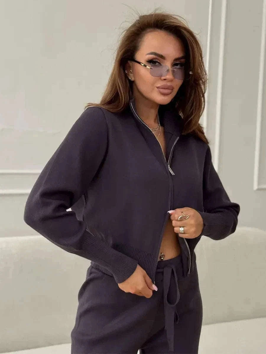 Women’s Knit Zip-Up Cardigan and Wide Leg Pants Lounge Set-Burgundy / L