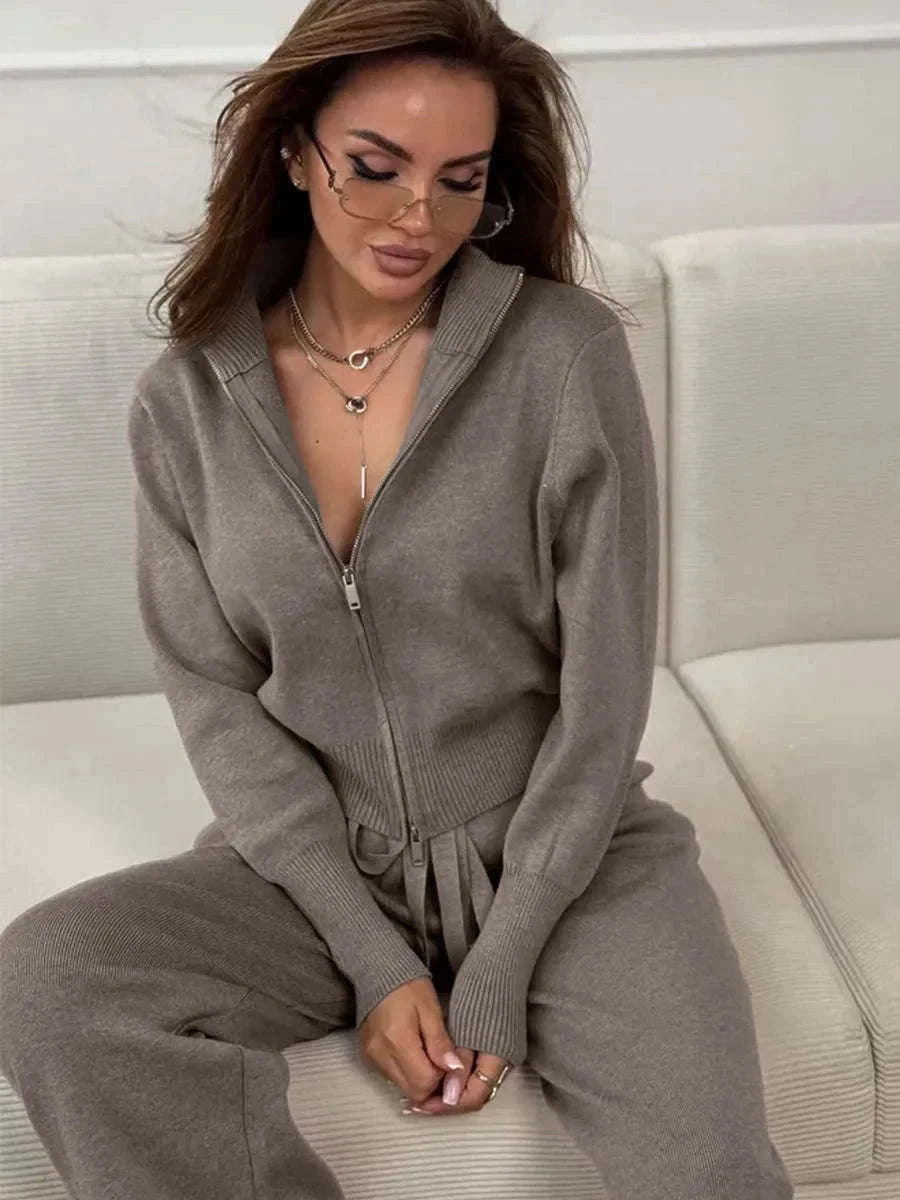 Women’s Knit Zip-Up Cardigan and Wide Leg Pants Lounge Set-Burgundy / L