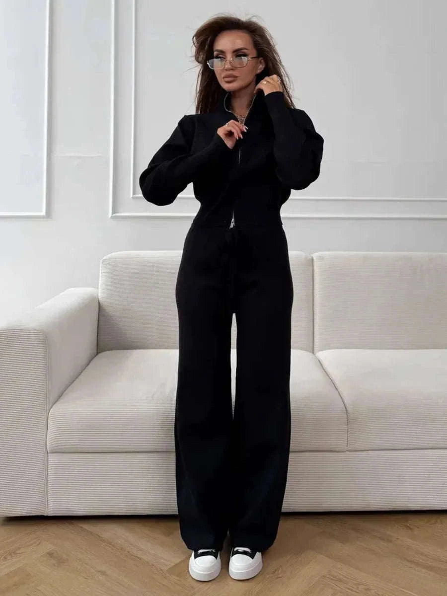 Women’s Knit Zip-Up Cardigan and Wide Leg Pants Lounge Set-Burgundy / L