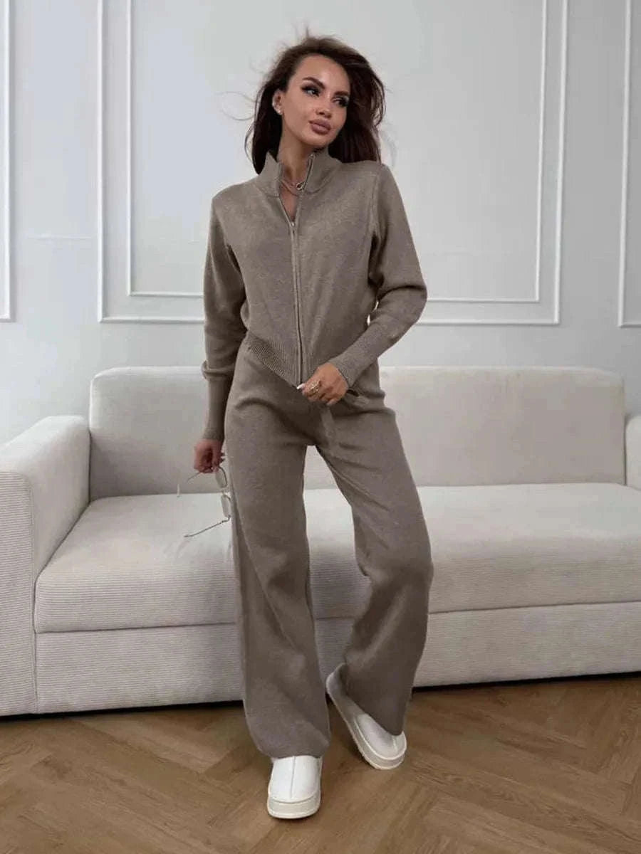 Women’s Knit Zip-Up Cardigan and Wide Leg Pants Lounge Set-Burgundy / L