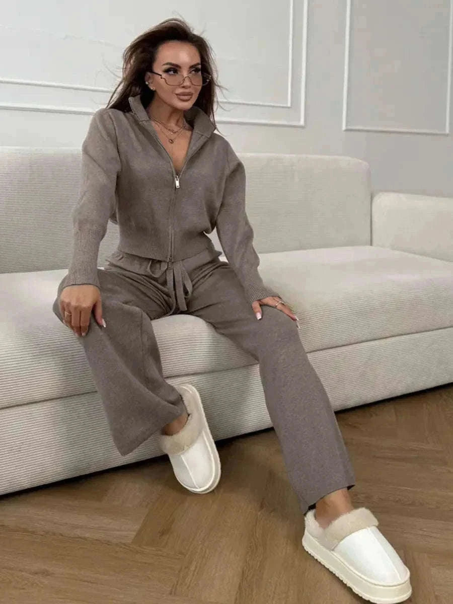 Women’s Knit Zip-Up Cardigan and Wide Leg Pants Lounge Set-Burgundy / L