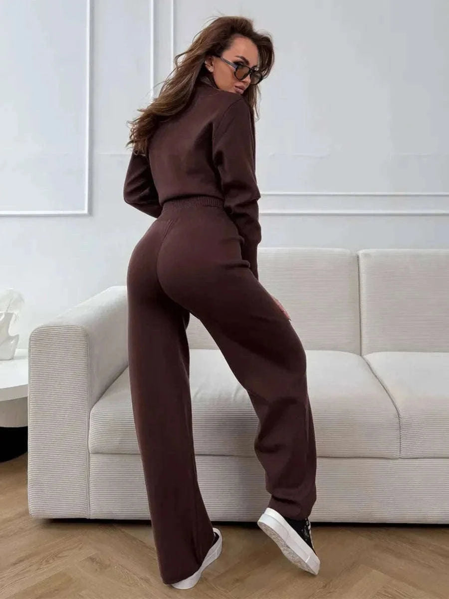 Women’s Knit Zip-Up Cardigan and Wide Leg Pants Lounge Set-Burgundy / L